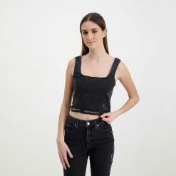 Presa 👏 CALVIN KLEIN 👖 JEANS TOP IN DENIM DONNA Nero 🤩 -Offerte Novità Negozio calvin klein jeans j20j217819 top in denim donna casual donna 044969801 1by 5