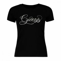 Vendita calda 😉 GUESS T-SHIRT LOGO STRASS CORSIVO DONNA Nero ✔️