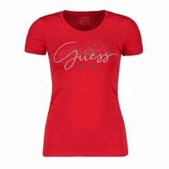 Presa 👍 GUESS T-SHIRT LOGO STRASS DONNA Rosso 🎉