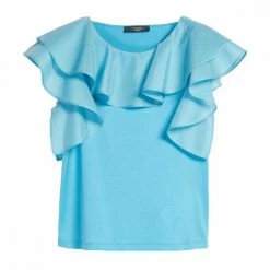 Il più economico 🛒 MAX MARA WEEKEND BLUSA CON VOLANT IN COTONE SETA ONDE DONNA Azzurro ✨
