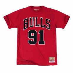 Presa ❤️ MITCHELL & NESS T-SHIRT NAME NUMBER RODMAN 91 BULLS Rosso 🤩