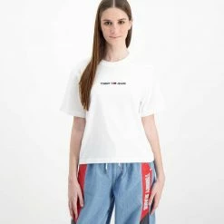 Miglior prezzo ⭐ TOMMY 👖 JEANS T-SHIRT CON LOGO RICAMATO DONNA Bianco 😉 -Offerte Novità Negozio tommy jeans dw0dw10057 t shirt con logo ricamato donna casual donna 042580401 ybr 2