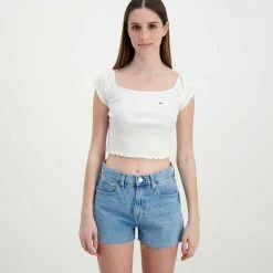 Promo 🧨 TOMMY 👖 JEANS T-SHIRT CROP SPALLE SCOPERTE DONNA Bianco 😀 -Offerte Novità Negozio tommy jeans dw0dw12599 t shirt crop spalle scoperte donna casual donna 045113701 ybr 3
