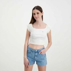 Promo 🧨 TOMMY 👖 JEANS T-SHIRT CROP SPALLE SCOPERTE DONNA Bianco 😀 -Offerte Novità Negozio tommy jeans dw0dw12599 t shirt crop spalle scoperte donna casual donna 045113701 ybr 5