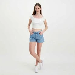 Promo 🧨 TOMMY 👖 JEANS T-SHIRT CROP SPALLE SCOPERTE DONNA Bianco 😀 -Offerte Novità Negozio tommy jeans dw0dw12599 t shirt crop spalle scoperte donna casual donna 045113701 ybr 6