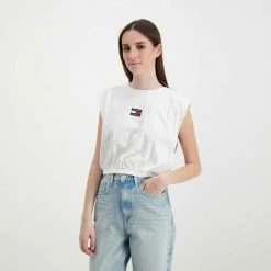 Vendita calda ⌛ TOMMY 👖 JEANS CANOTTA CROP CON ELASTICO DONNA Bianco ❤️ -Offerte Novità Negozio tommy jeans dw0dw12609 canotta crop con elastico donna casual donna 045113901 ybr 5
