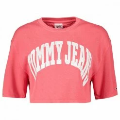 Il più economico 🔥 TOMMY 👖 JEANS T-SHIRT CROP OVER COLLEGE DONNA Rosa 🎉