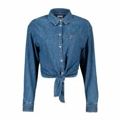 Vendita lampo 🧨 TOMMY 👖 JEANS CAMICIA CHAMBRAY CON NODO DONNA Blu 🎉
